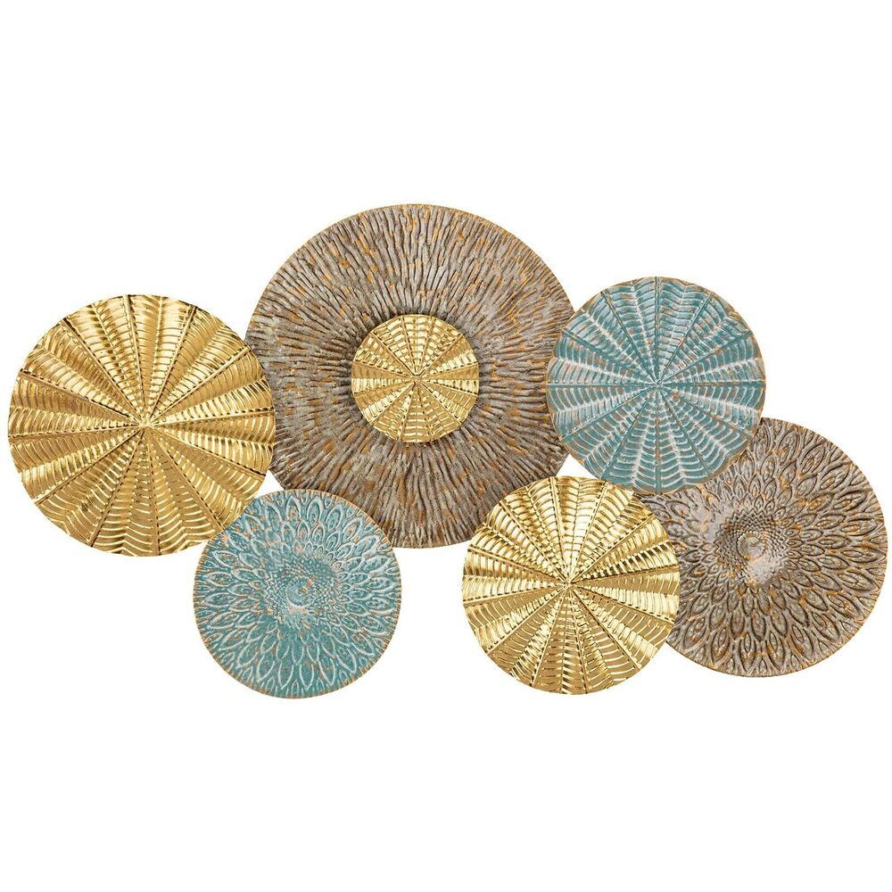 9624 Vintage Floral Metal Wall Art - Gold and Turquoise Decorative